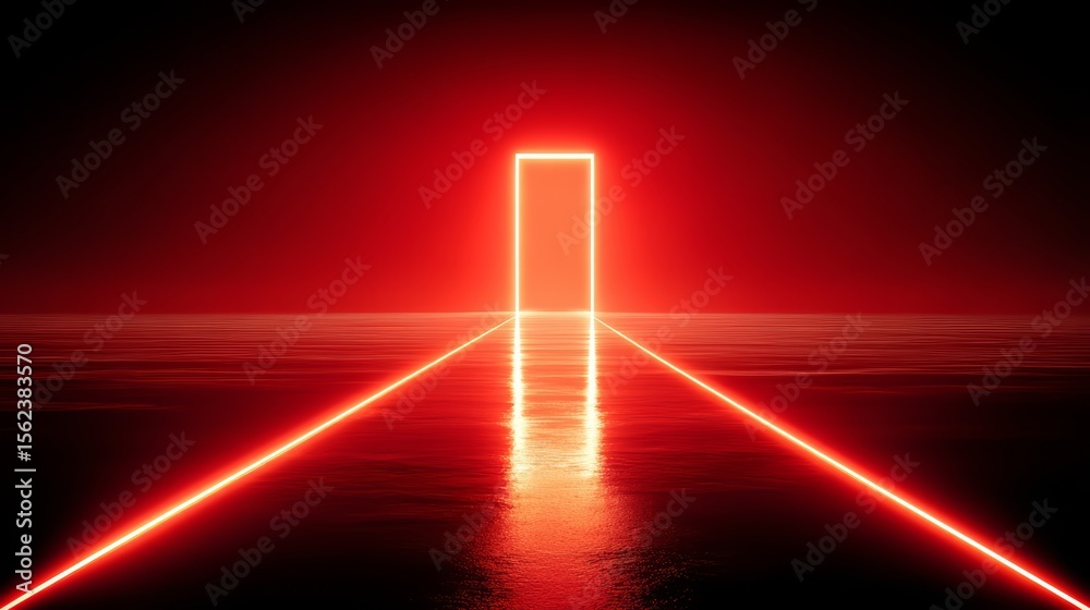 Obraz premium Red lighted path is shown on a dark background. The path is lit up and he is leading somewhere