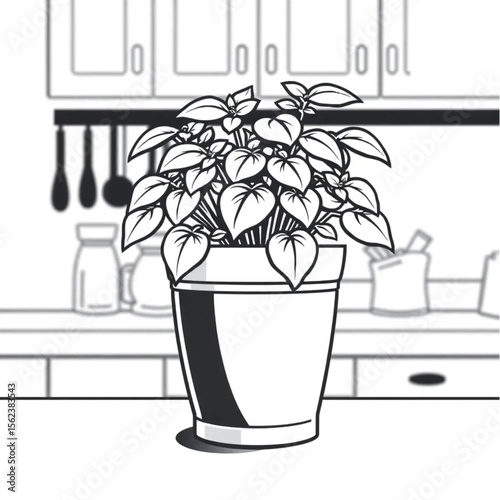 A potted basil plant on a kitchen counter