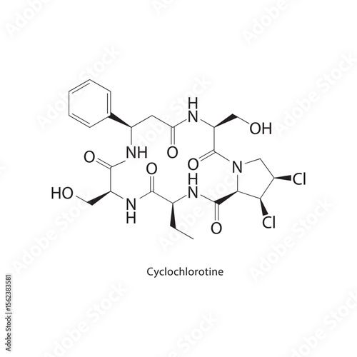 Cyclochlorotine skeletal structure. Mycotoxin compound schematic illustration. Simple diagram, chemical formula.