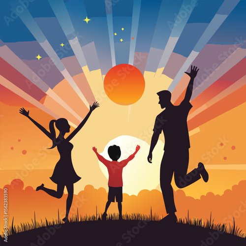 Joyful family silhouette celebrating life with arms raised high against a vibrant sunset sky with sun rays and stars isolated on transparent backgroundAdobe Illustrator Artwork