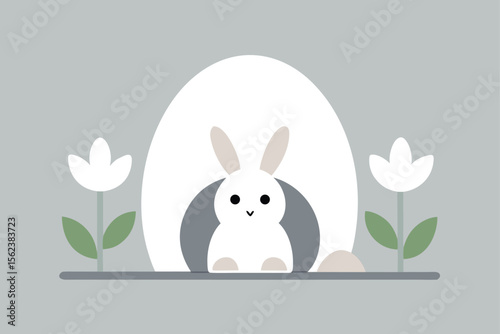 Make an Easter poster with a bunny drawing spring flowers inside a hollow egg shell