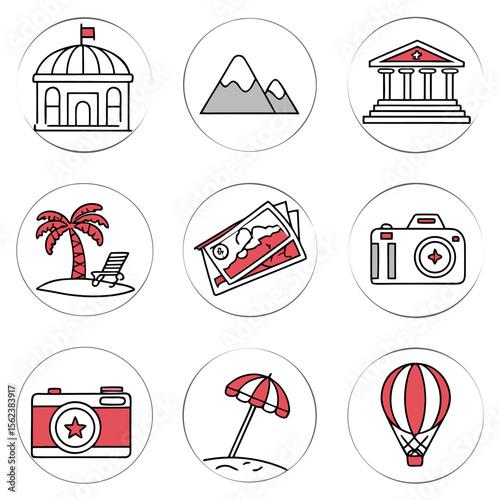 Collection of travel and vacation icons including a building mountains island with palm tree and lounge chair money cameras beach umbrella and hot air balloon