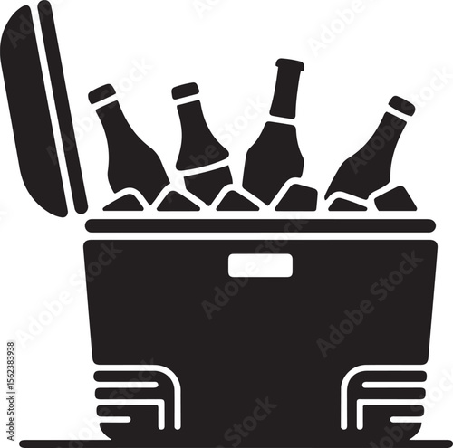 Portable cooler box with chilled Beverages black and white silhouette, summer picnic silhouette illustration
