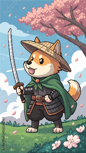 Shiba dog dressed as a Japanese samurai in pixel art style