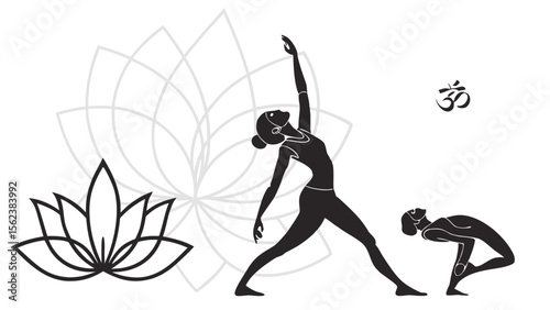 Silhouette yoga poses with lotus flower and om symbol for relaxation and spiritual wellness design concept