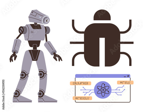 Humanoid robot, bug symbol for debugging, and programming code snippet showcasing AI concepts. Ideal for AI, robotics, coding, algorithms, debugging, tech innovation simple flat metaphor