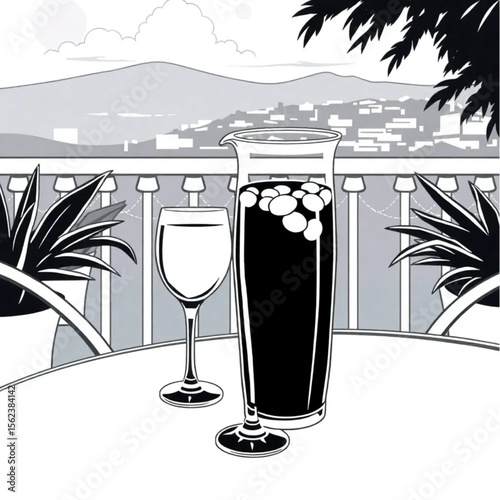 A glass pitcher of sangria on a terrace table