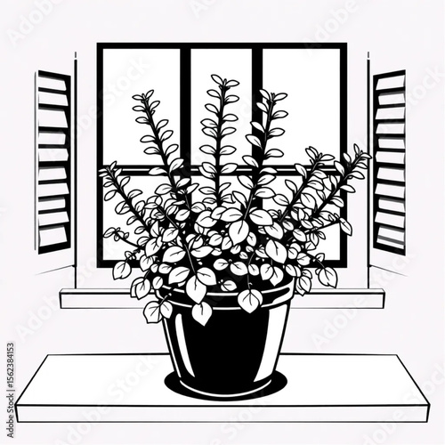 A potted oregano plant on a window ledge