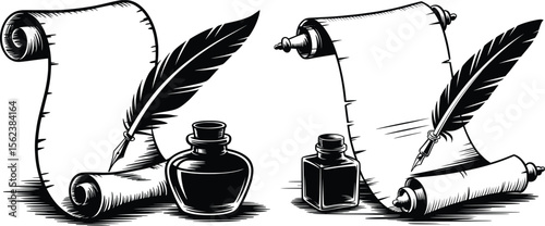 Vintage Quill and Scroll Clipart Set, Ink Bottle Feather Pen Writing Illustrations.