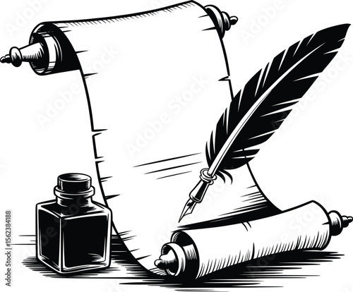 Vintage Scroll Feather Quill and Ink Bottle, Black and White Writing Clipart.