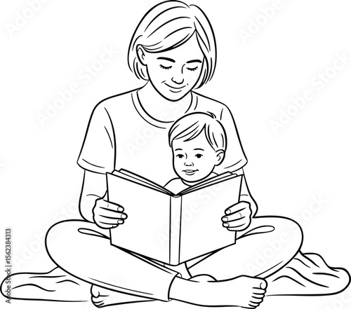 Mother reading book to child line art vector illustration