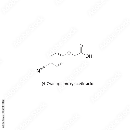 (4-Cyanophenoxy)acetic acid skeletal structure. Aromatic nitrile carboxylic acid compound schematic illustration. Simple diagram, chemical formula.