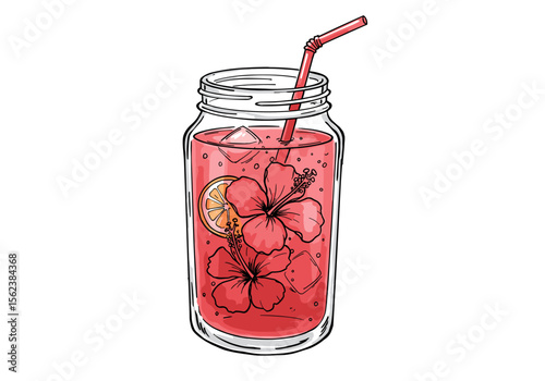 Hibiscus drink in a mason jar with lime and straw  