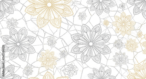 Abstract floral pattern with intricate geometric details and metallic accents