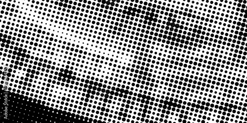Halftone wavy grunge background. Fading grain gritty textured wallpaper. Black white comic noise grit surface. Pixelated speckles, dots and particles overlay vector
