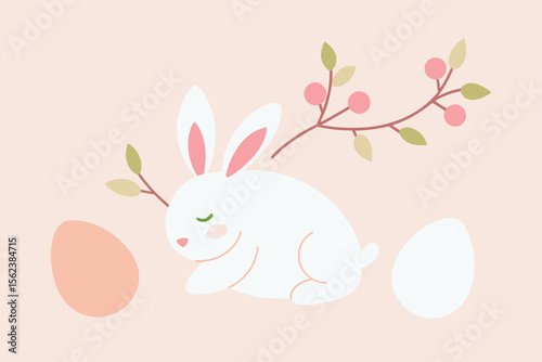 Make an Easter poster with a clean layout featuring a bunny sleeping beside pastel petals
