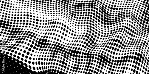 Halftone wavy grunge background. Fading grain gritty textured wallpaper. Black white comic noise grit surface. Pixelated speckles, dots and particles overlay vector