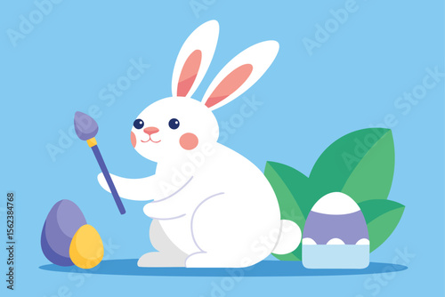 Make an Easter poster with a clean scene of a bunny painting giant Easter eggs