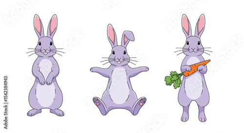 Three Cute Purple Rabbits in Different Poses