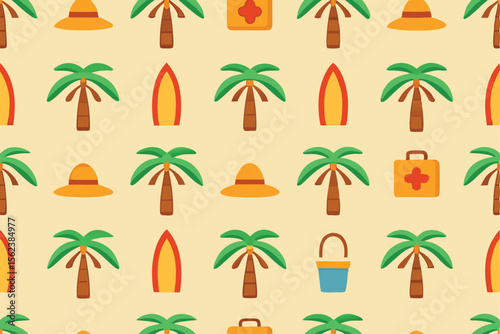 Summer Vacation Beach Island Seamless Pattern Travel, Nature, Sun