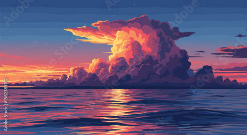 Pixel Art Sunset Over a Tranquil Ocean Reflection