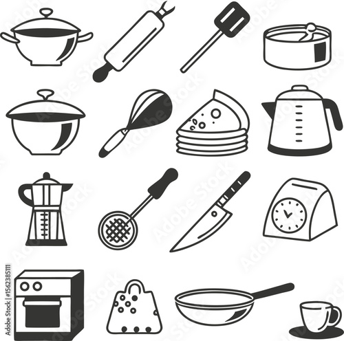 Vector kitchen and cooking utensils icon set with pot, cup, fork, spoon, knife, and chef symbols for restaurant food and drink illustrations
