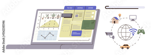 Laptop displaying workflow board, charts, and productivity tools alongside interconnected IoT elements smart home, car, computer, and security. Ideal for productivity, IoT, innovation smart tech