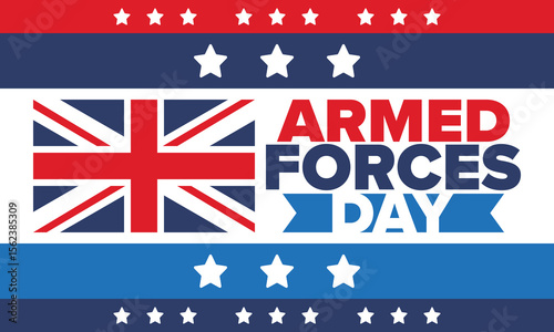Armed Forces Day in United Kingdom. Great Britain flag. Veterans' and Memorial Day. Holiday to honoring the armed forces. British flag. Army Day. Creative art poster. Vector illustration