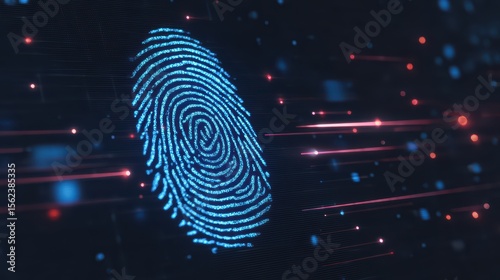 Bright Blue Fingerprint Abstract Illustration with Dynamic Lines and Sparkling Particles on Dark Background
