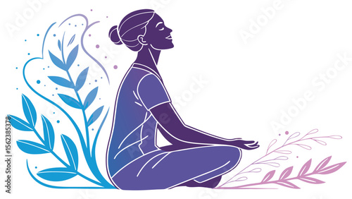 Woman meditating in lotus position surrounded by blue and purple foliage illustration art
