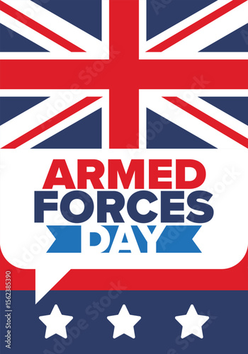 Armed Forces Day in United Kingdom. Great Britain flag. Veterans' and Memorial Day. Holiday to honoring the armed forces. British flag. Army Day. Creative art poster. Vector illustration