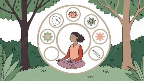 A woman meditating in a forest with floral and geometric symbols surrounding her in a circular design