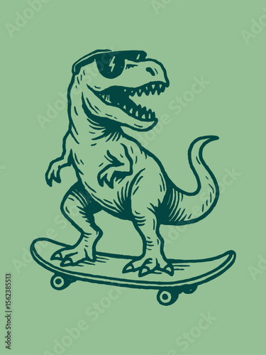 Tyrannosaurus on skateboard hand drawn engraving vector illustration