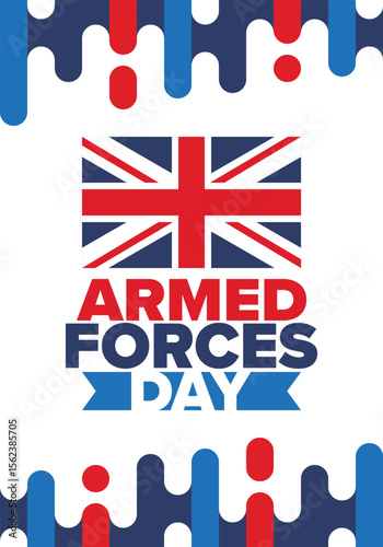 Armed Forces Day in United Kingdom. Great Britain flag. Veterans' and Memorial Day. Holiday to honoring the armed forces. British flag. Army Day. Creative art poster. Vector illustration
