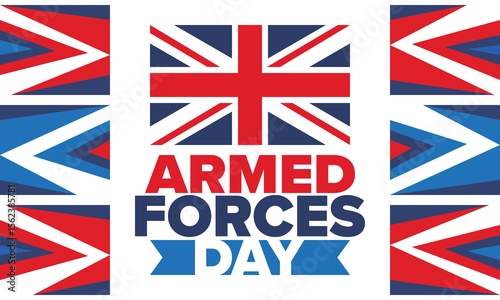 Armed Forces Day in United Kingdom. Great Britain flag. Veterans' and Memorial Day. Holiday to honoring the armed forces. British flag. Army Day. Creative art poster. Vector illustration