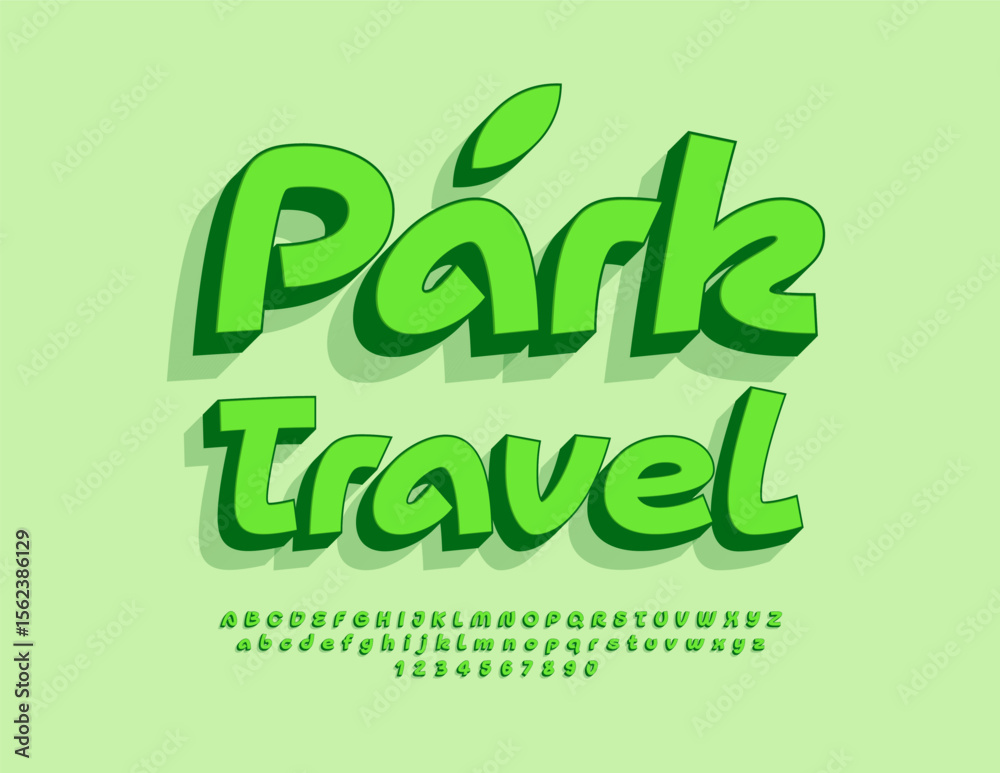 Fototapeta premium Vector Green emblem Park Travel. Eco Green 3D Font. Artistic Playful Alphabet Letters and Numbers set.