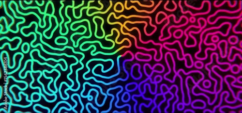 A mesmerizing abstract background features intricate, winding lines in a rainbow gradient of colors, from green and yellow to orange, pink, purple, and blue, all set against a dark backdrop.
