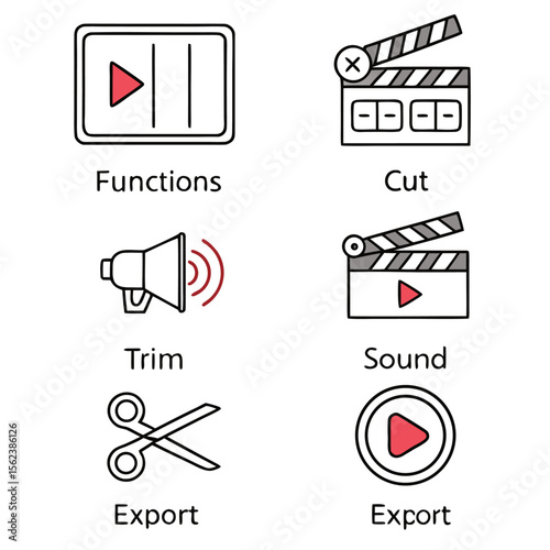 Collection of six modern flat design icons representing video editing functions including play cut trim sound and export with clear labels for each
