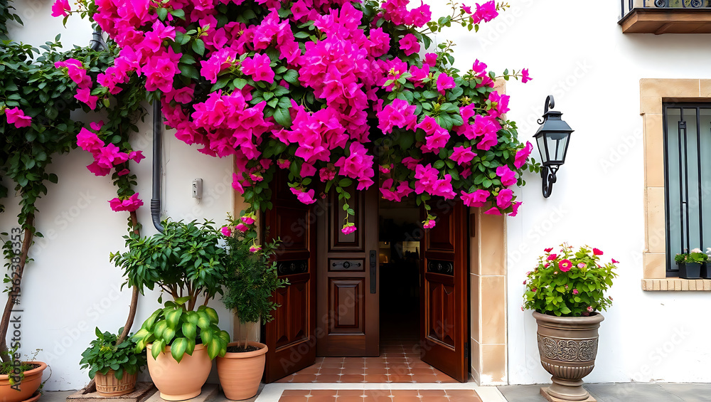 Naklejka premium Pink bougainvillea cascades over an open wooden door of a white building with potted plants