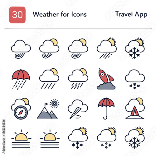 Collection of weather icons for travel apps including sun clouds rain snow wind umbrella mountains compass and rocket launch for forecasting and climate information