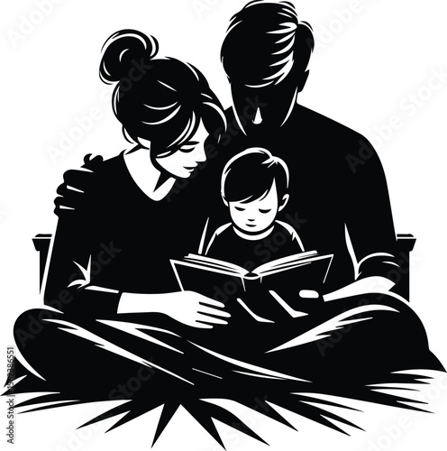 Family Reading Together A Black and White Illustration of Parents and Child Sharing a Book
