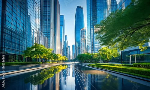 Modern urban landscape with reflecting pool