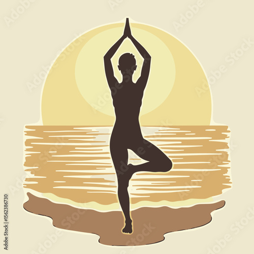 Silhouette of woman practicing yoga on beach at sunset  