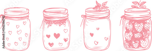 set of vector funny adorablr line art sketch drawings of jars and strawberry