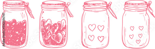 set of vector funny adorablr line art sketch drawings of jars and strawberry