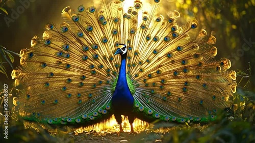 A vibrant peacock displaying its iridescent feathers in a sunlit forest clearing with bokeh background