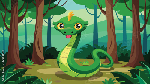 Cartoon Green Snake with Yellow Eyes and Mohawk in a Forest Setting