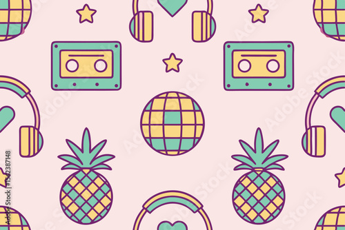 Colorful Retro Vintage Music Icons Cassette Tape, Headphones, Pineapple Pattern