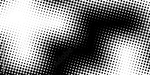 Halftone wavy grunge background. Fading grain gritty textured wallpaper. Black white comic noise grit surface. Pixelated speckles, dots and particles overlay vector