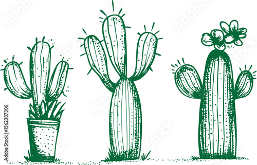 set of vector line art sketch drawings of cactus 